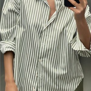 New With Tags, Zara Basic Poplin Striped shirt, green stripe